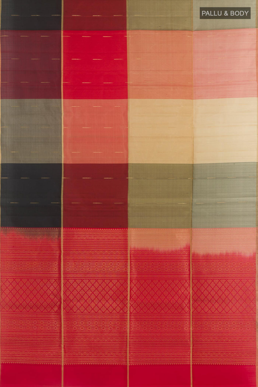 Flat view of Multi Color Soft Silk Saree with Stripes on the body and Zari Border. 