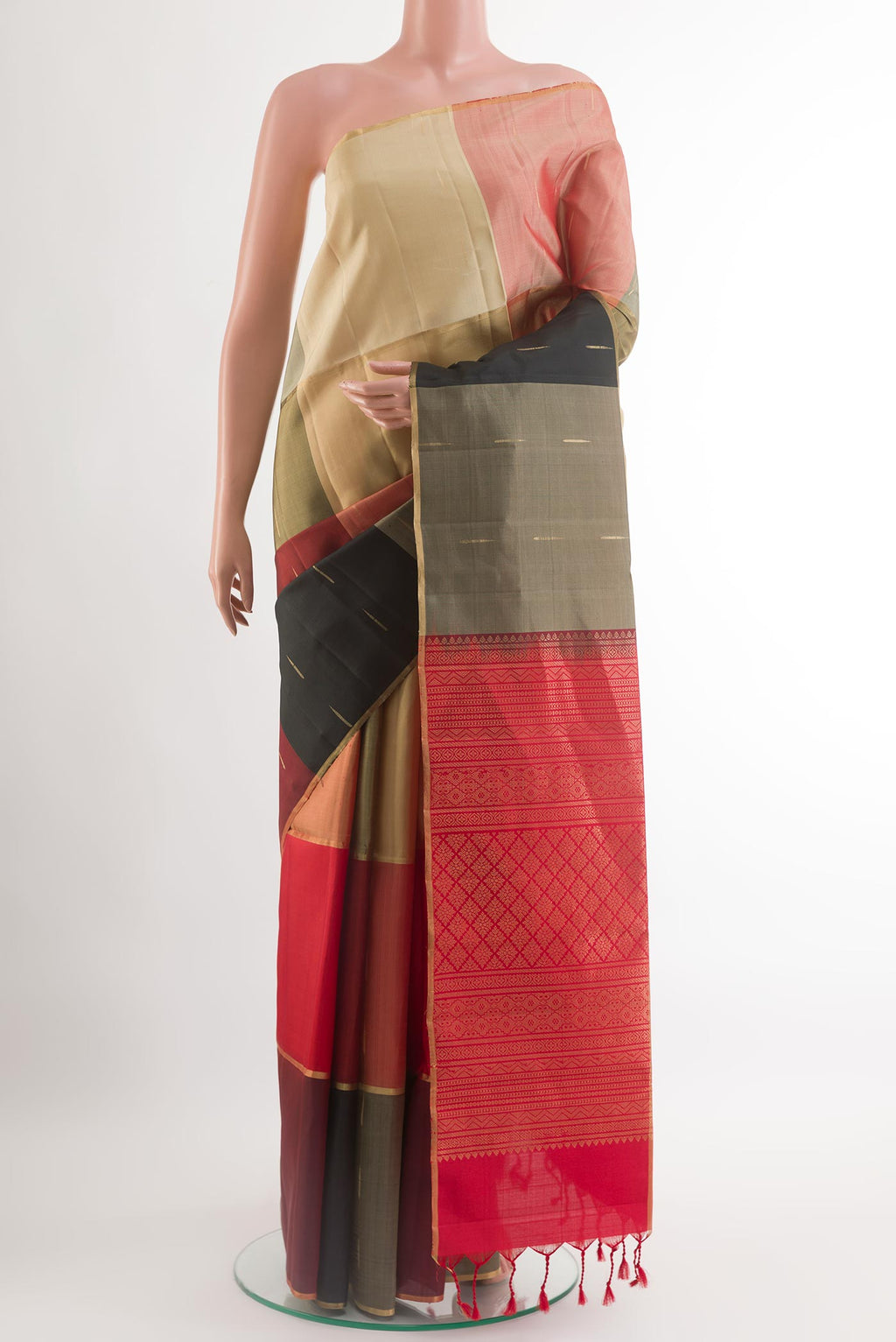 Multi Color Soft Silk Saree with Stripes on the body and Zari Border.  displayed on a mannequin