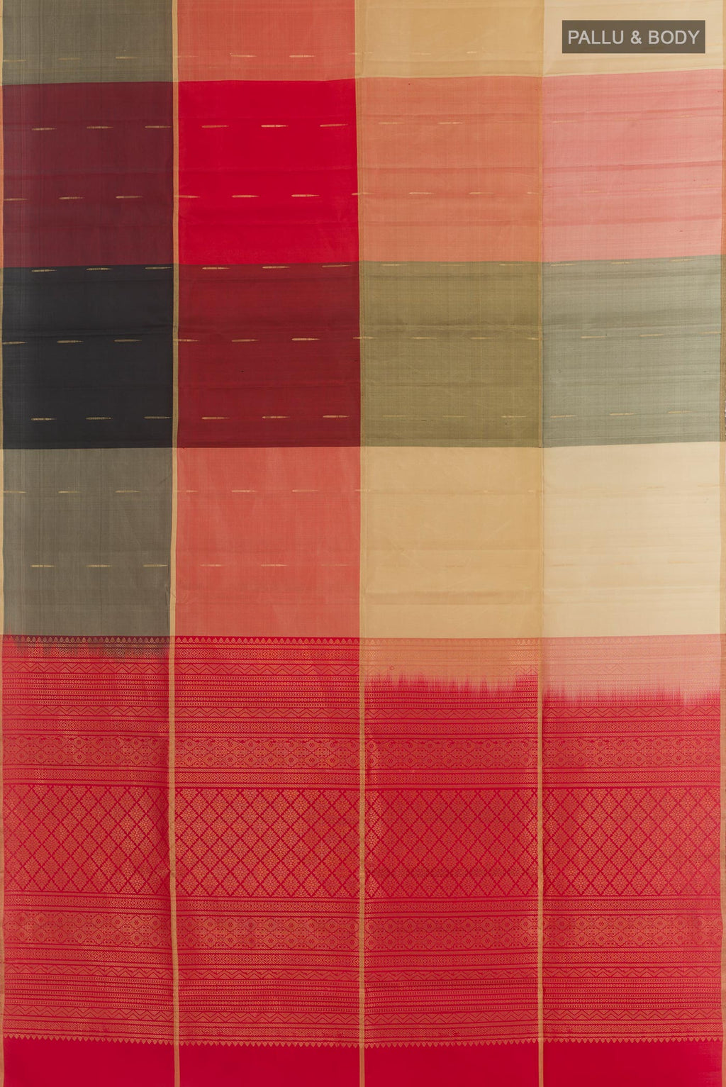 Flat view of Multi Color Soft Silk Saree with Stripes on the body and Zari Border. 