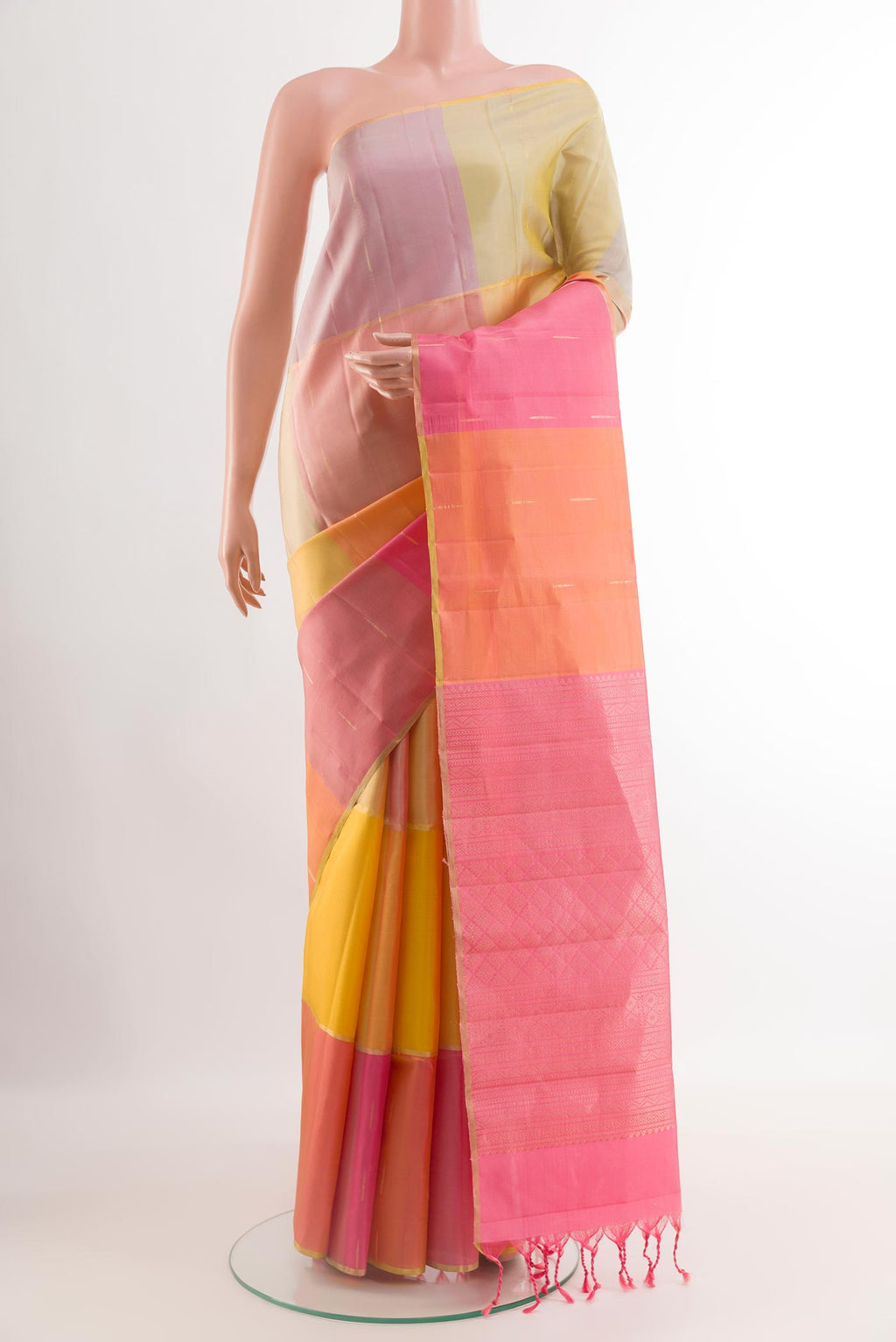 Multi Color Soft Silk Saree with Stripes on the body and Zari Border.  displayed on a mannequin