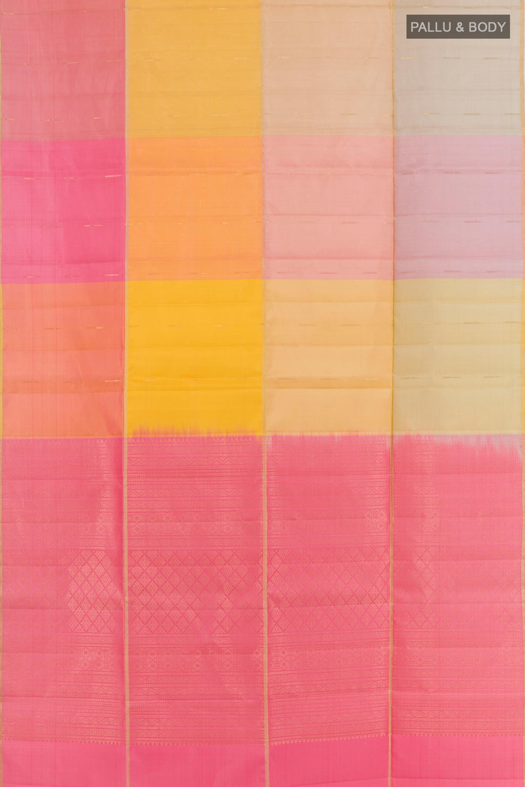 Flat view of Multi Color Soft Silk Saree with Stripes on the body and Zari Border. 