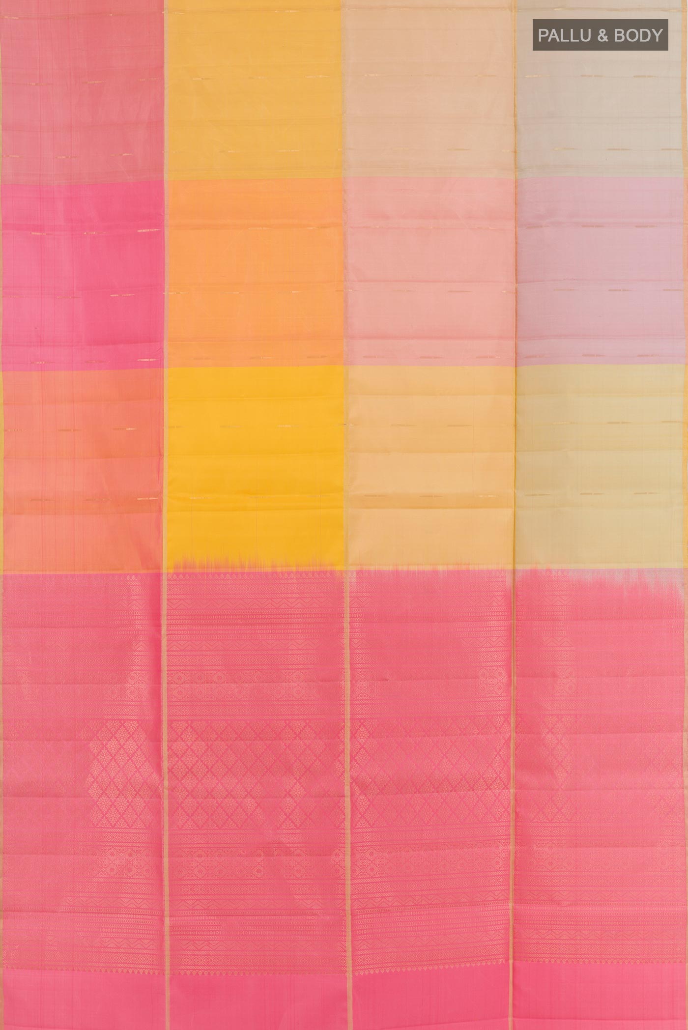 Flat view of Multi Color Soft Silk Saree with Stripes on the body and Zari Border. 