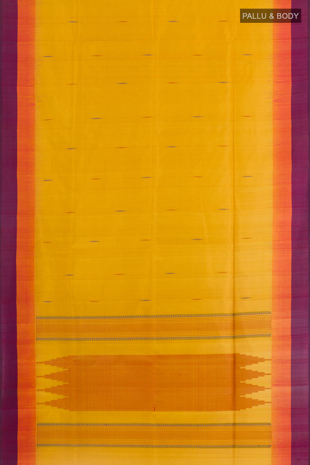 Flat view of Yellow Soft Silk Saree with Thread Butta on the body and Zari Border. 