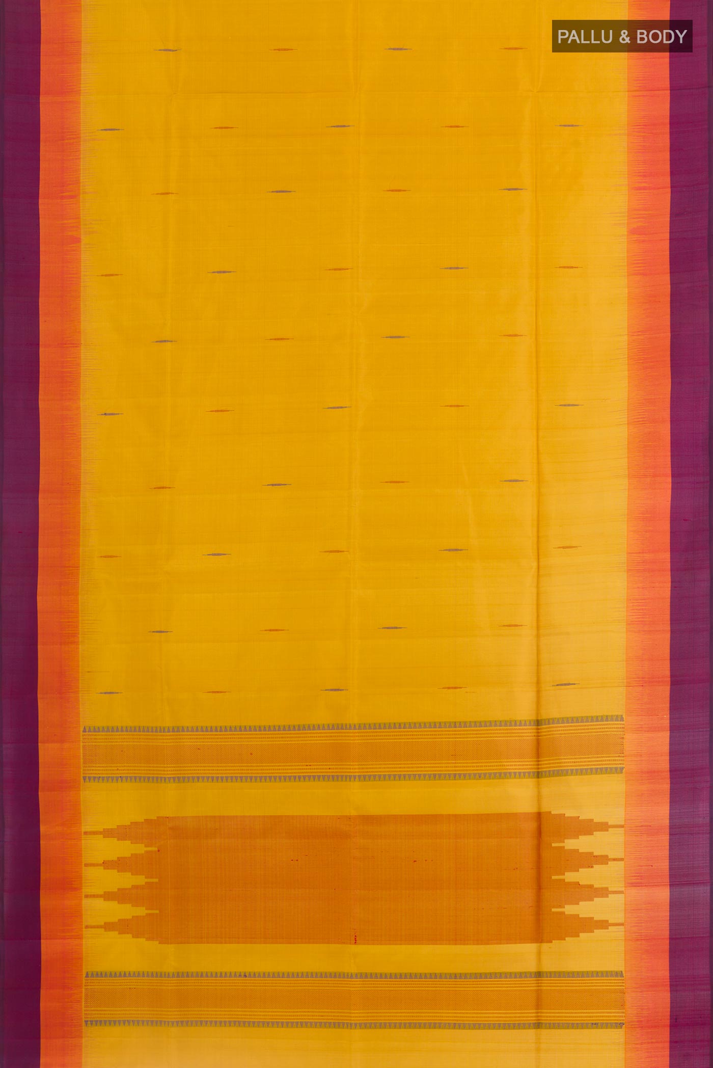 Flat view of Yellow Soft Silk Saree with Thread Butta on the body and Zari Border. 