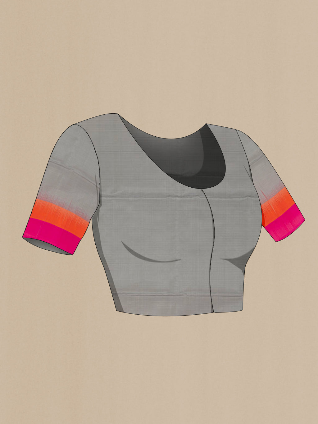 Close up image of the blouse of Grey Soft Silk Saree with Thread Butta on the body and Zari Border. 
