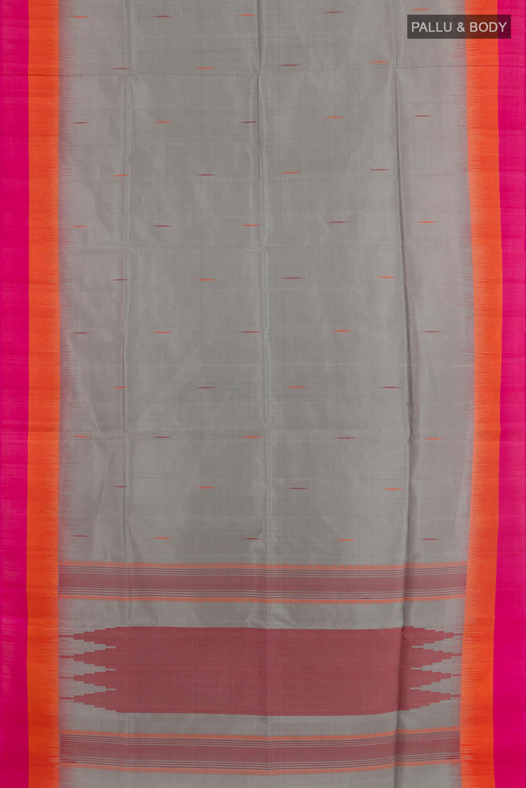 Flat view of Grey Soft Silk Saree with Thread Butta on the body and Zari Border. 