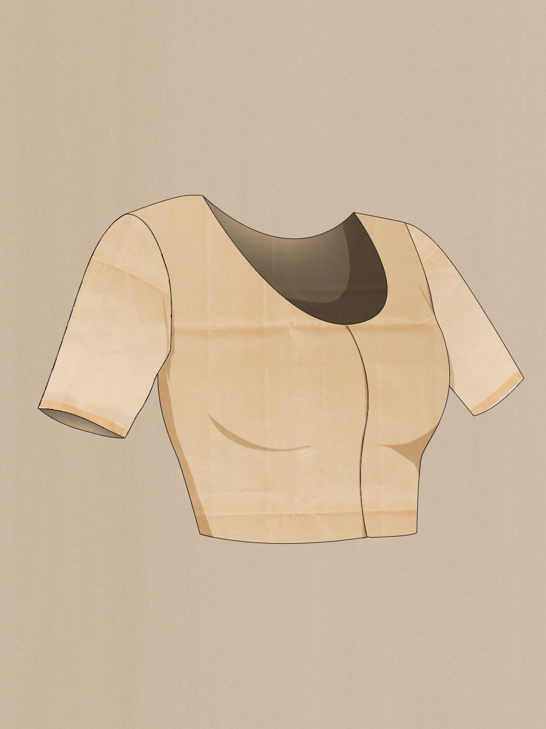 Close up image of the blouse of Beige Soft Silk Saree with Stripes on the body and Zari Border. 