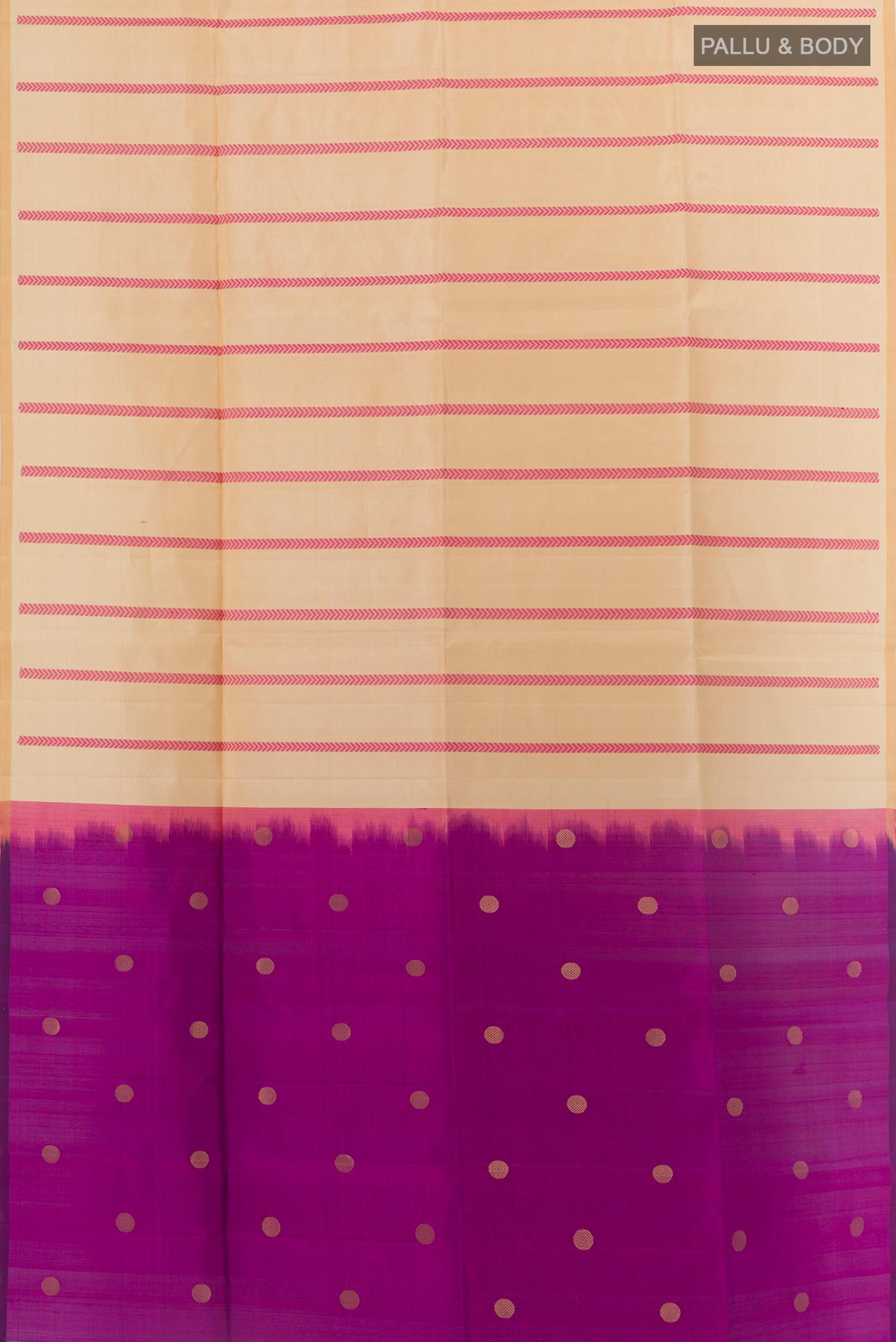 Flat view of Beige Soft Silk Saree with Stripes on the body and Zari Border. 