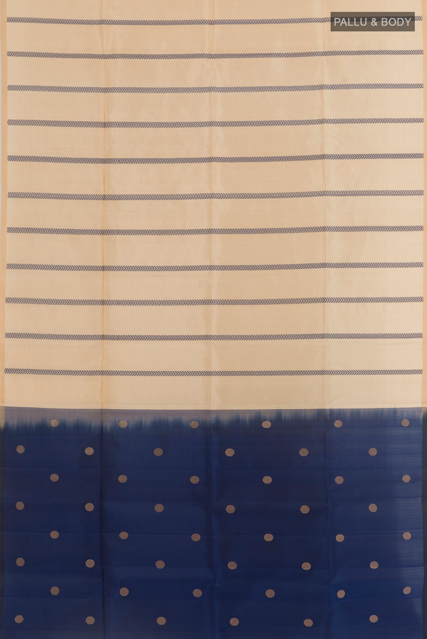 Flat view of Beige Soft Silk Saree with Stripes on the body and Zari Border. 