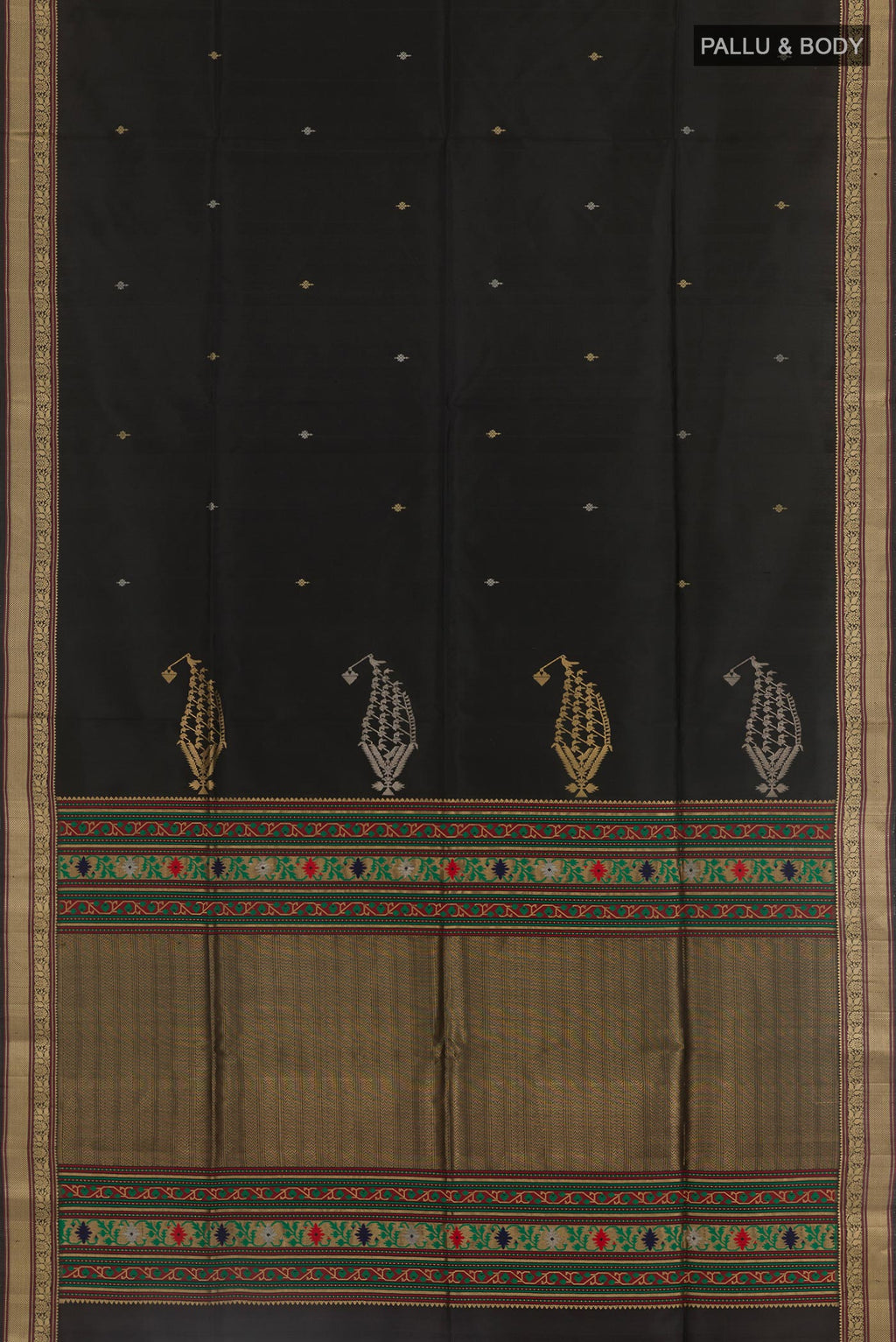 Flat view of Black Soft Silk Saree with Zari Butta on the body and Zari Border. 