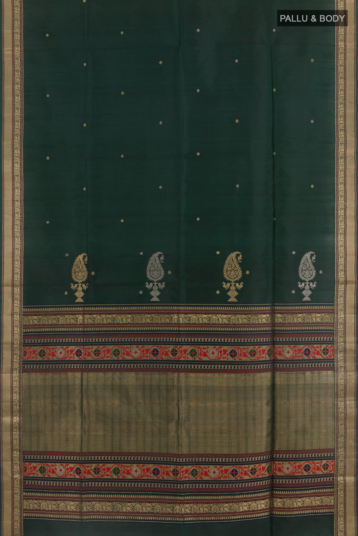 Flat view of Bottle Green Soft Silk Saree with Zari Butta on the body and Zari Border. 