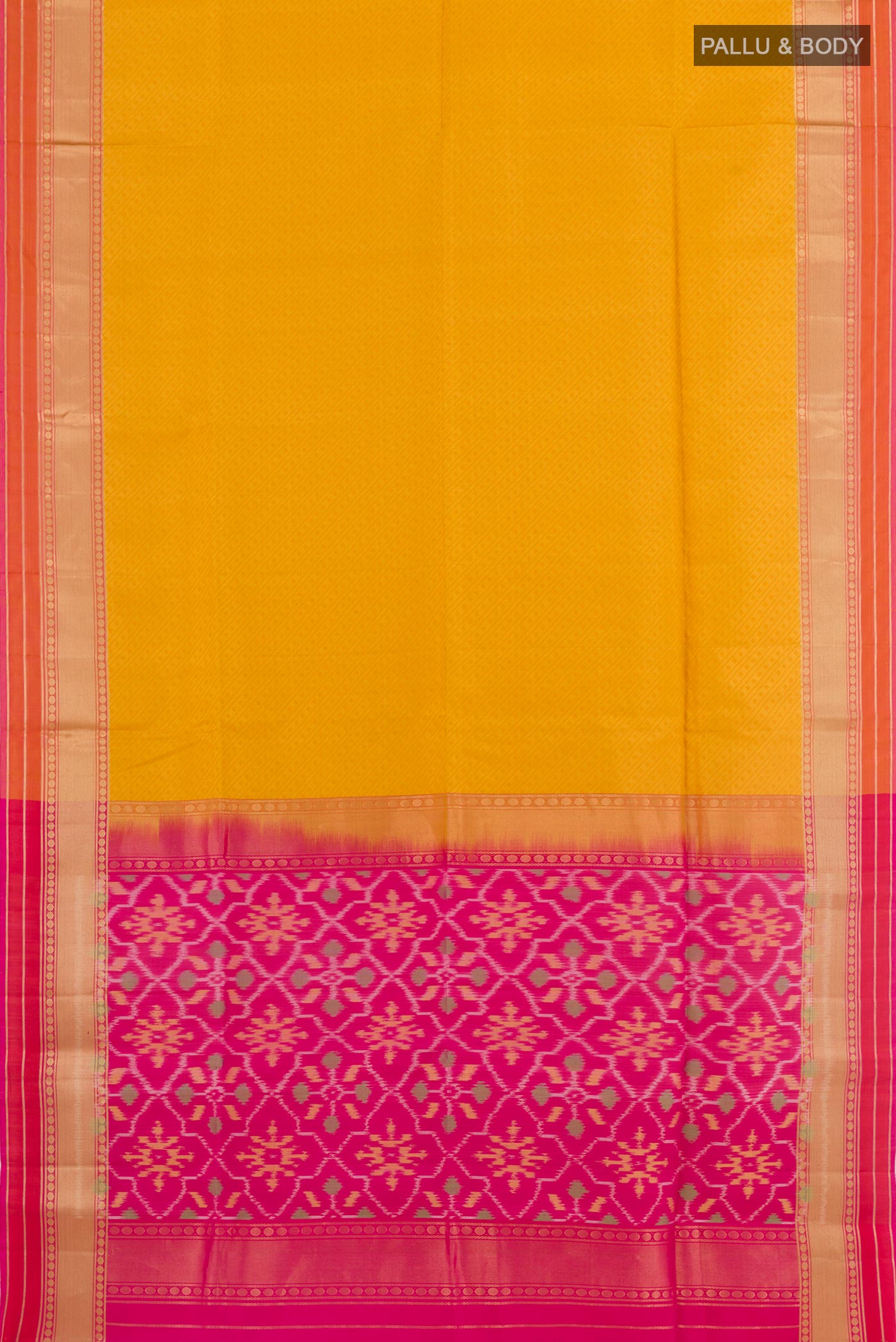 Flat view of Yellow Soft Silk Saree with Jacquard design on the body and Zari Border. 