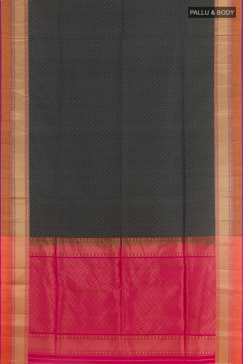 Flat view of Black Soft Silk Saree with Jacquard design on the body and Zari Border. 