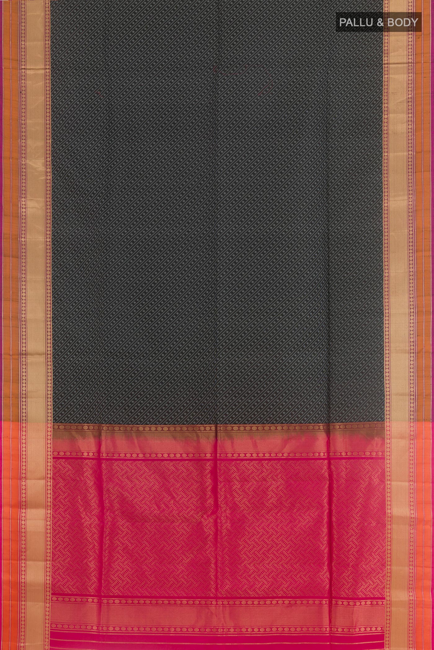 Flat view of Black Soft Silk Saree with Jacquard design on the body and Zari Border. 