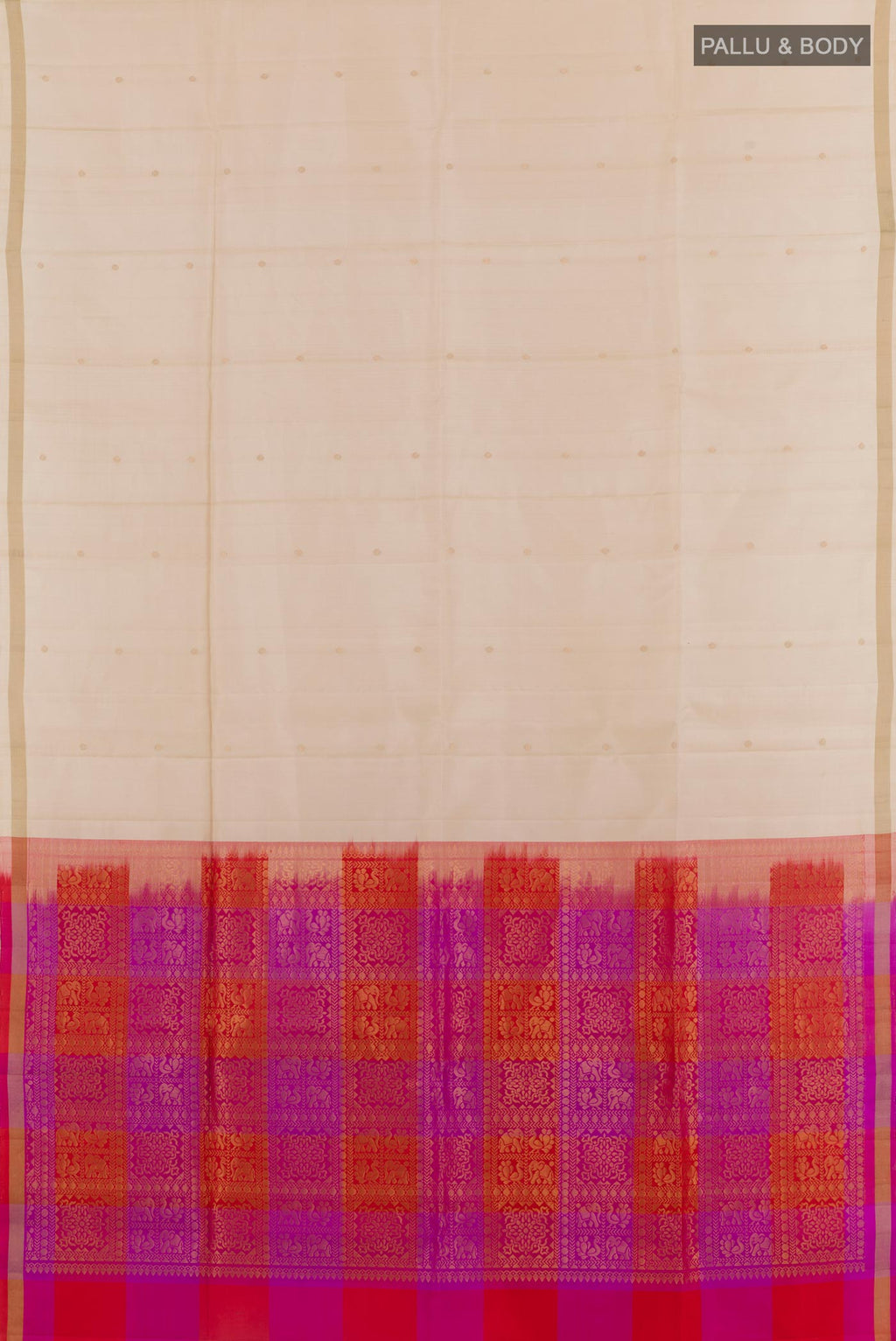 Flat view of Off White Soft Silk Saree with Zari Butta on the body and Zari Border. 