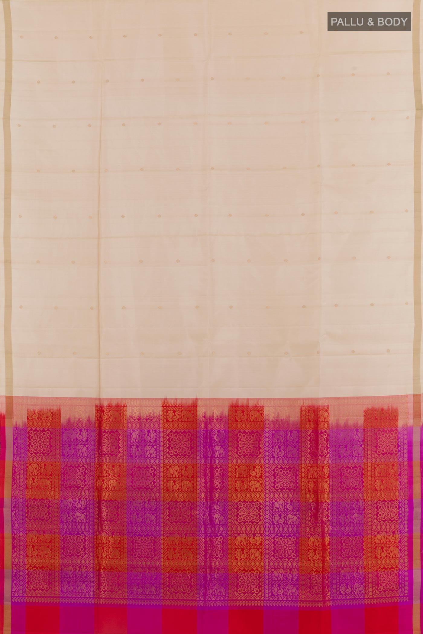 Flat view of Off White Soft Silk Saree with Zari Butta on the body and Zari Border. 