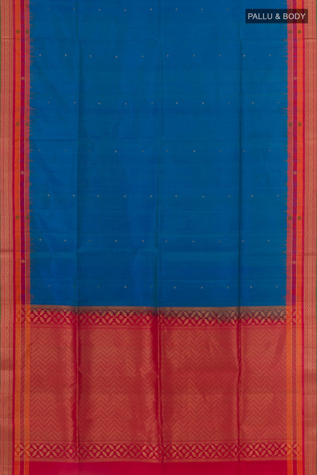 Flat view of Blue Soft Silk Saree with Zari Butta on the body and Zari Border. 