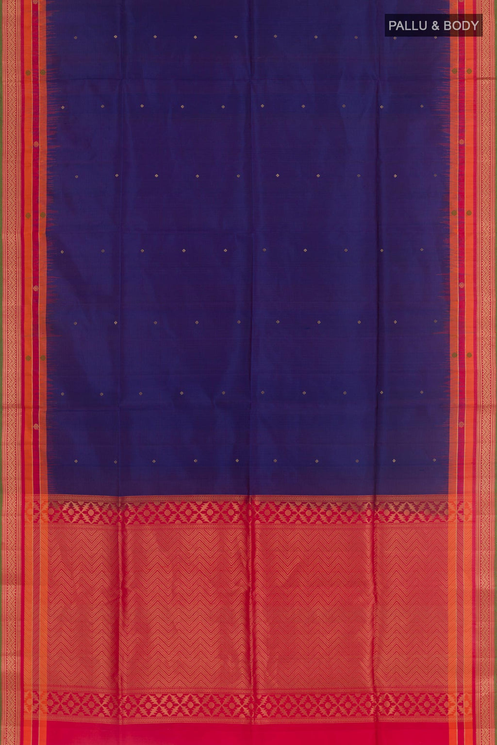 Flat view of Blue Soft Silk Saree with Zari Butta on the body and Zari Border. 