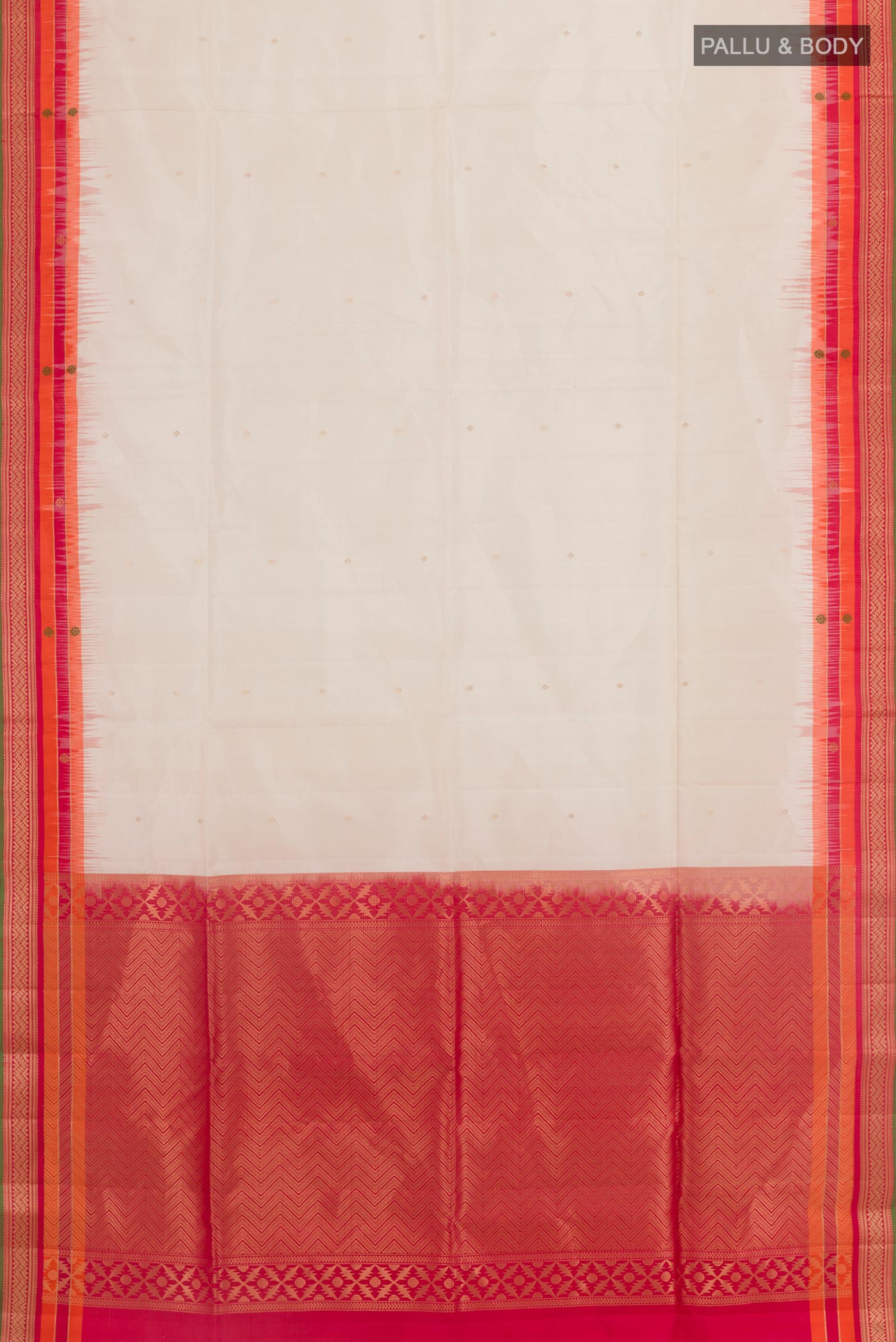 Flat view of Off White Soft Silk Saree with Zari Butta on the body and Zari Border. 