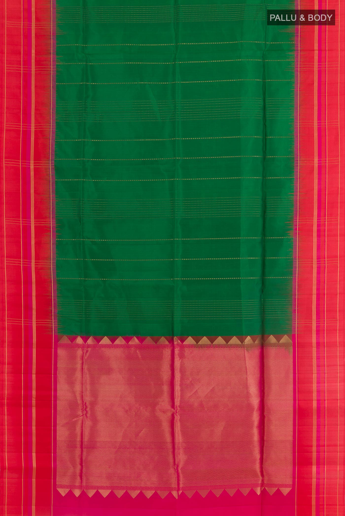 Flat view of Green Soft Silk Saree with Stripes on the body and Zari Border. 