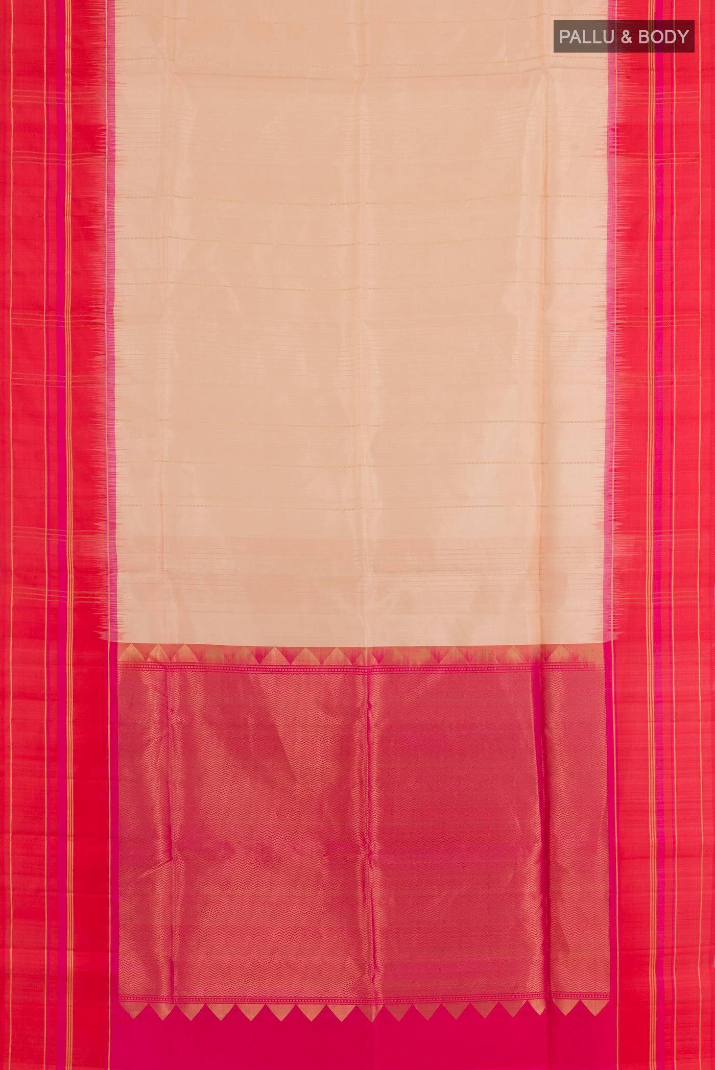 Flat view of Cream Soft Silk Saree with Zari Butta on the body and Zari Border. 