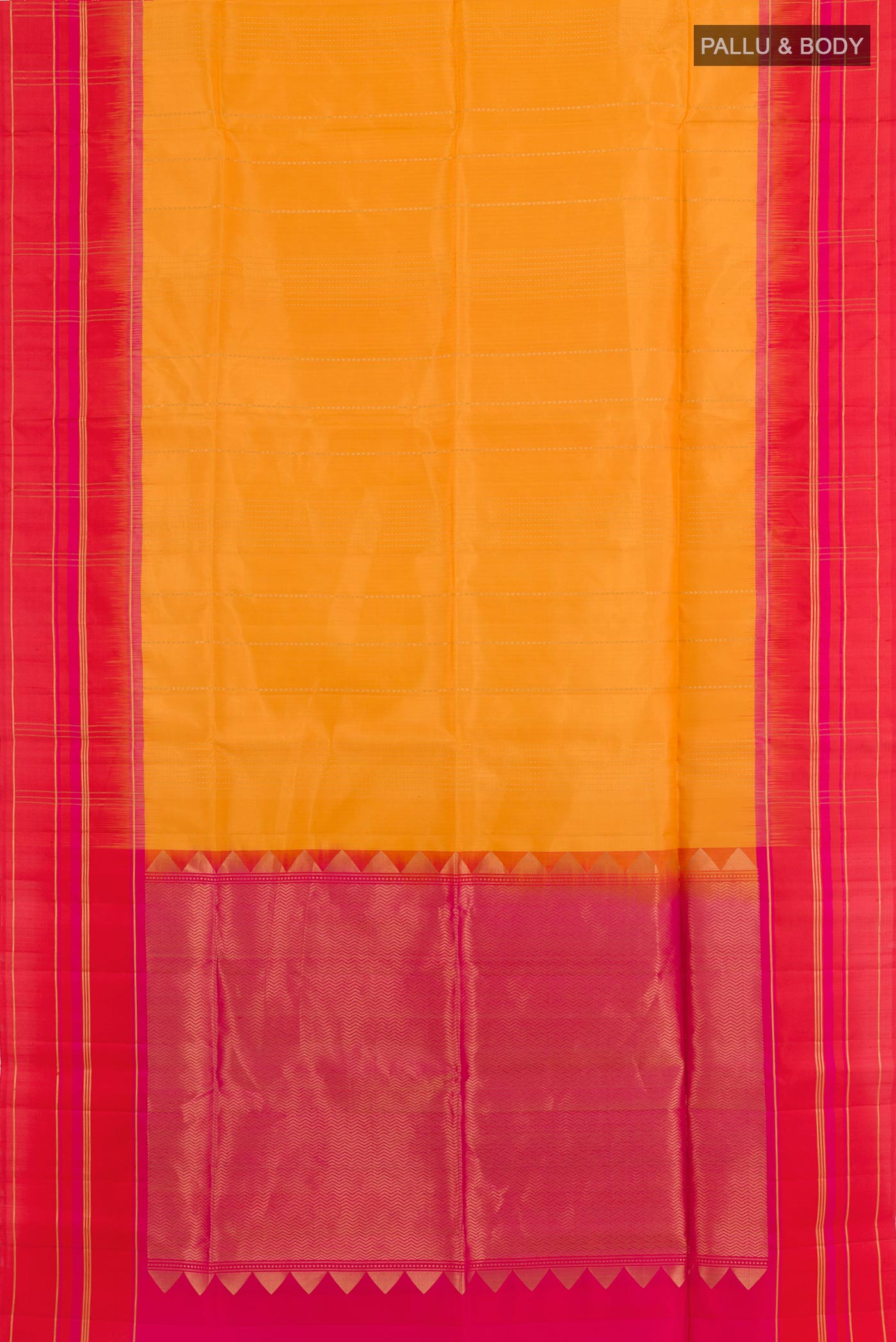 Flat view of Yellow Soft Silk Saree with Stripes on the body and Zari Border. 