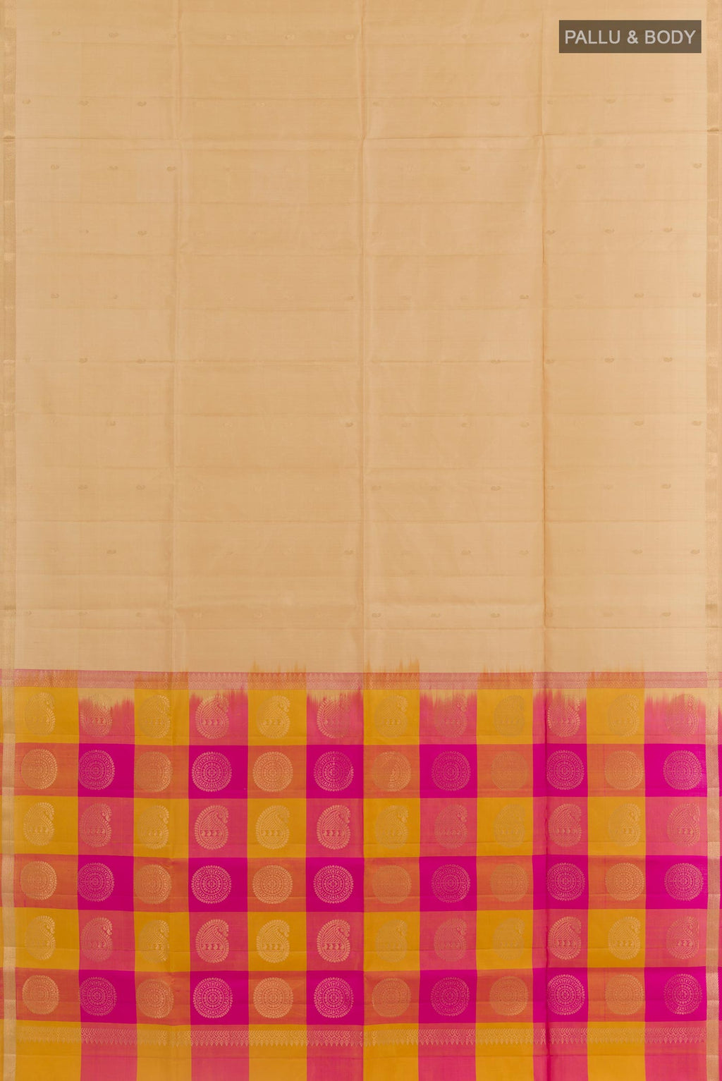 Flat view of Beige Soft Silk Saree with Zari Butta on the body and Zari Border. 