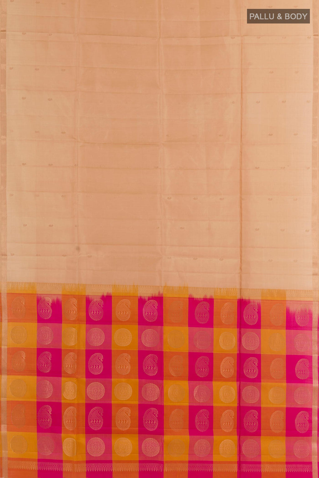 Flat view of Sandal Soft Silk Saree with Zari Butta on the body and Zari Border. 
