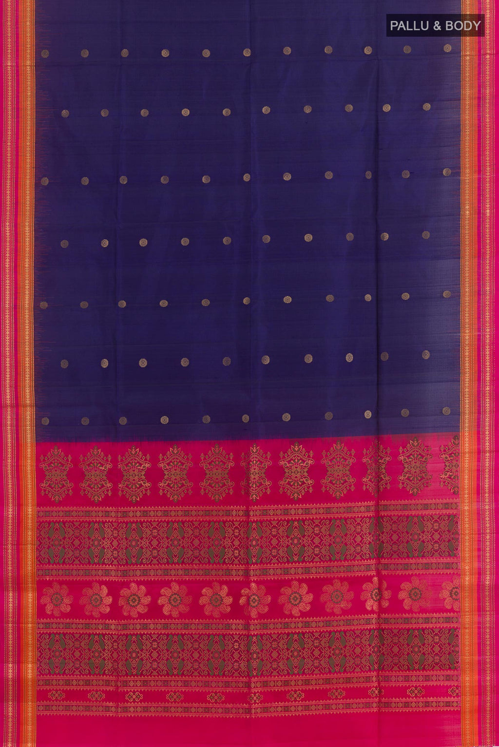 Flat view of Blue Soft Silk Saree with Zari Butta on the body and Zari Border. 