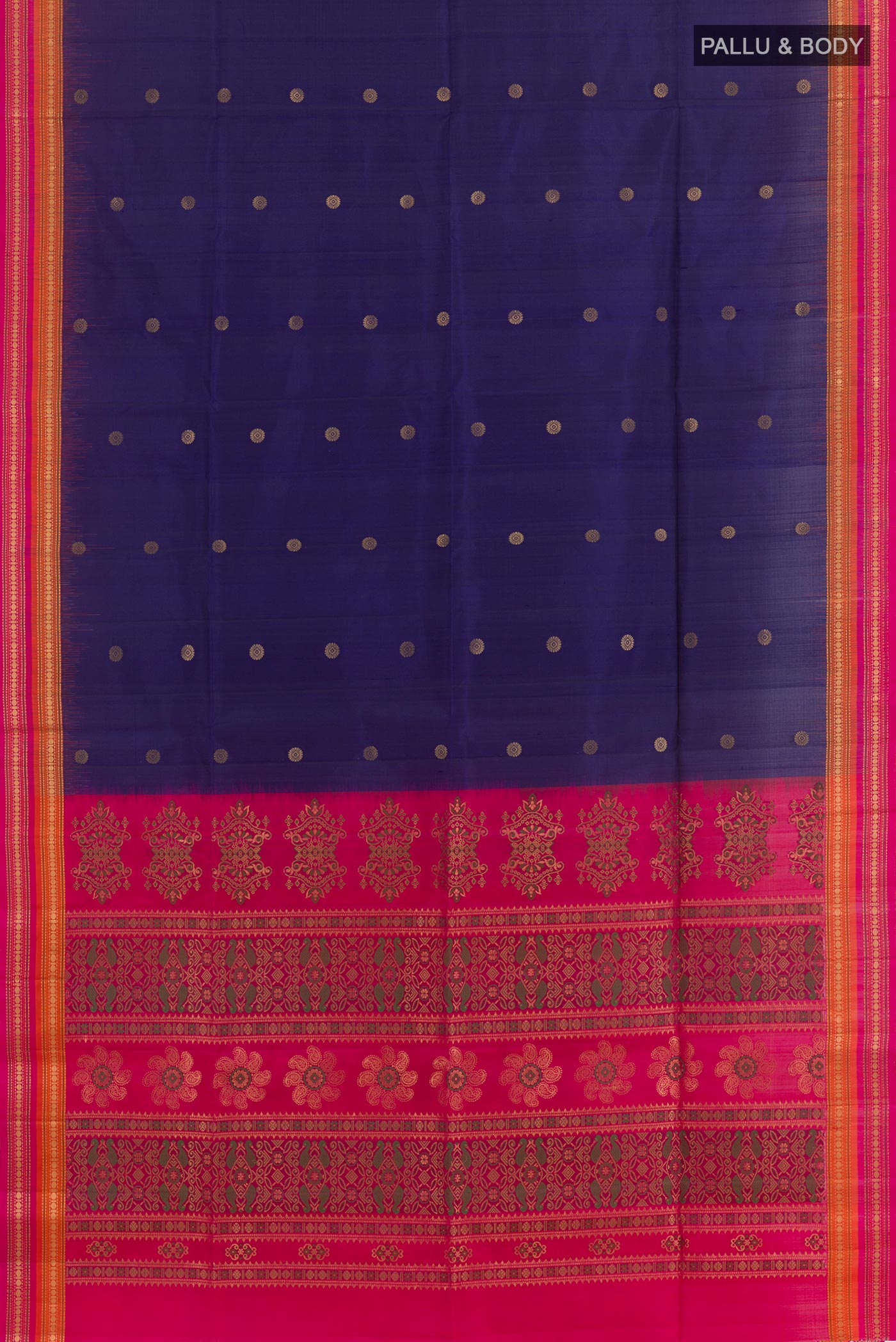Flat view of Blue Soft Silk Saree with Zari Butta on the body and Zari Border. 