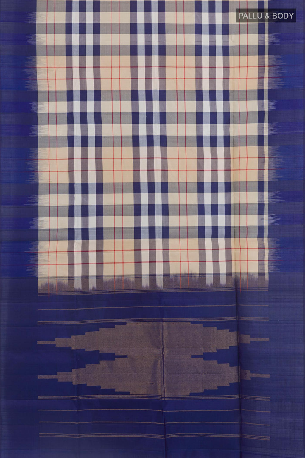 Flat view of Off White Soft Silk Saree with Checked design on the body and Zari Border. 