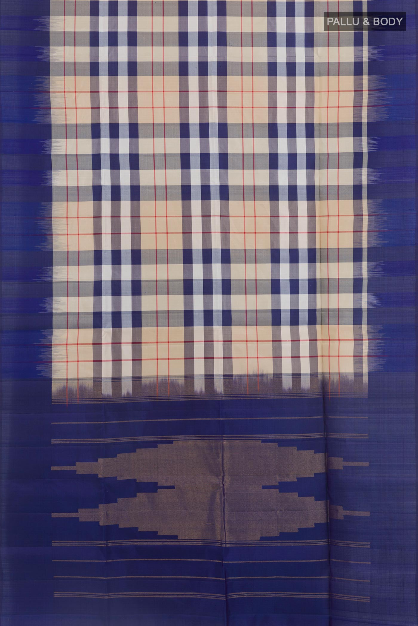 Flat view of Off White Soft Silk Saree with Checked design on the body and Zari Border. 