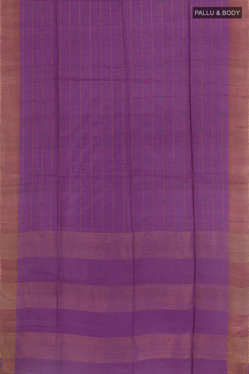 Flat view of Purple Tussar Saree with Thread Butta on the body and Zari Border. 