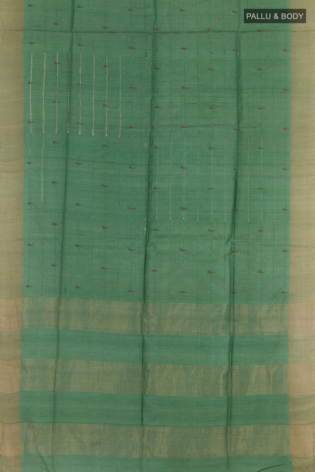 Flat view of Green Tussar Saree with Thread Butta on the body and Zari Border. 