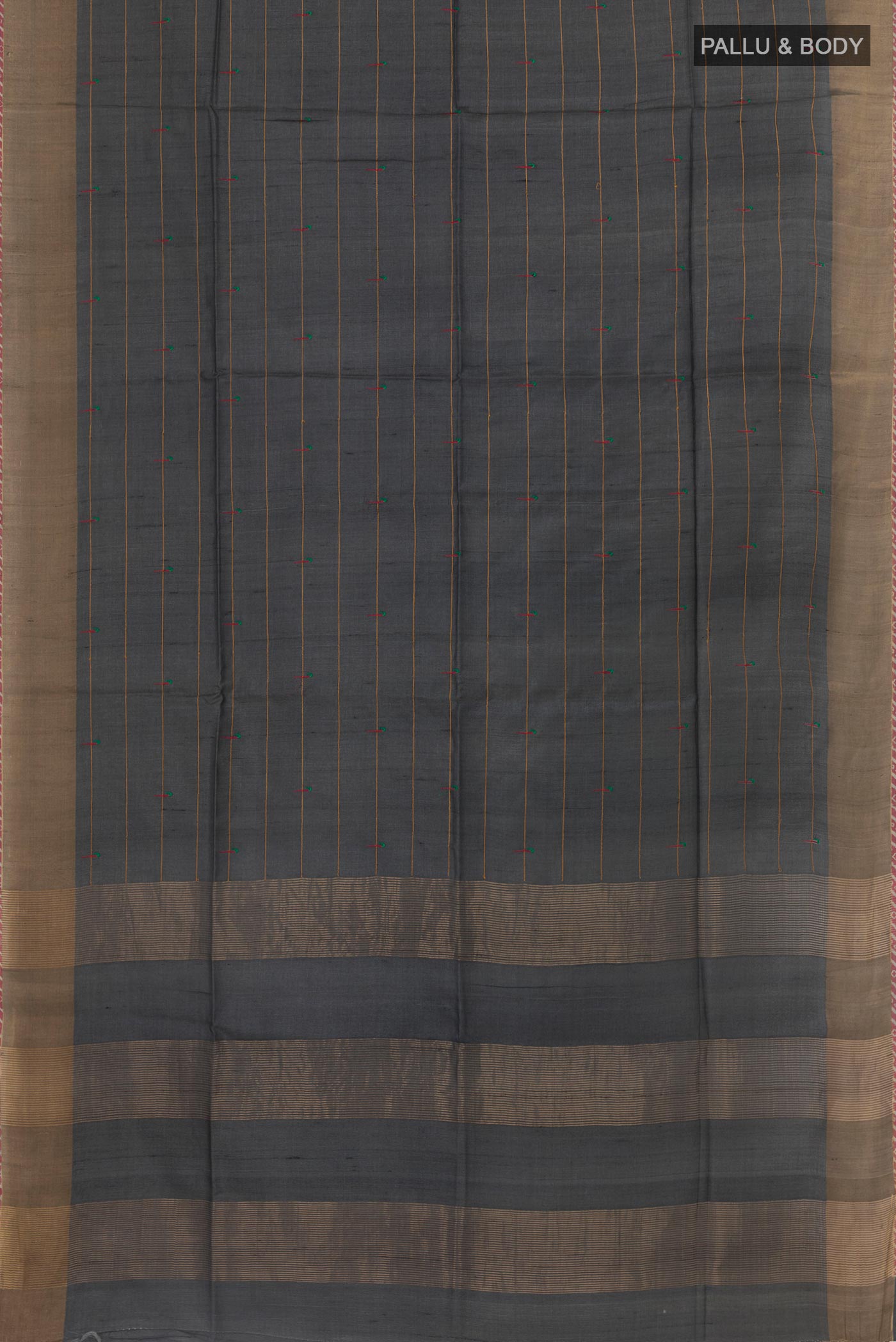 Flat view of Grey Tussar Saree with Thread Butta on the body and Zari Border. 
