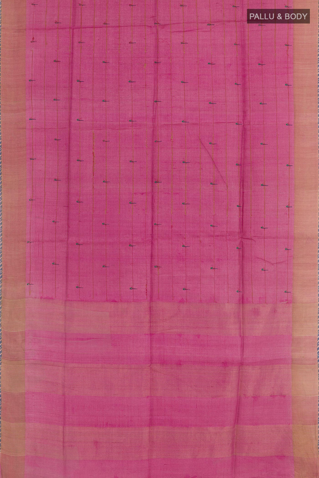 Flat view of Pink Tussar Saree with Thread Butta on the body and Zari Border. 