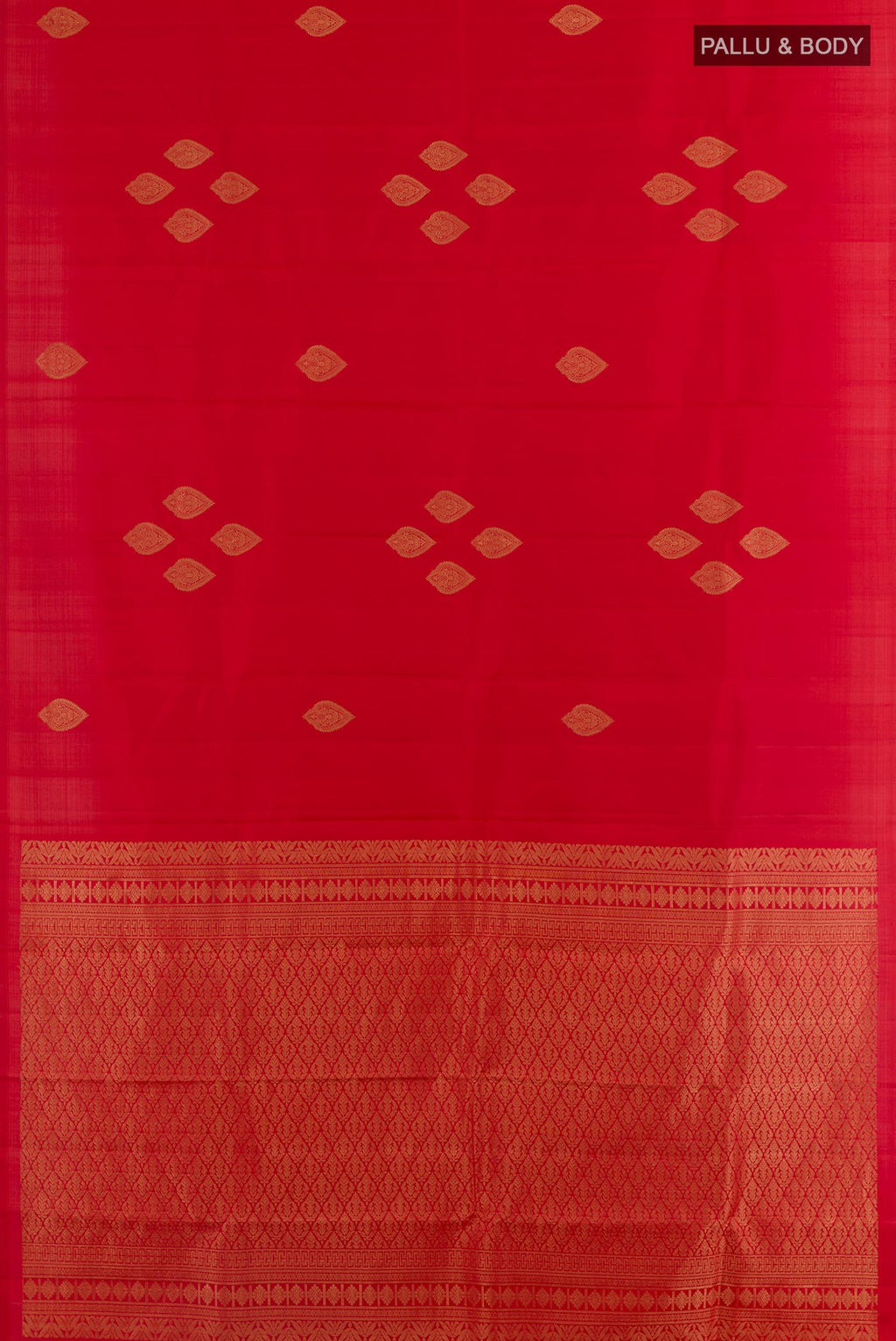 Flat view of Red Kanchipuram Silk Saree with Zari Butta on the body and Without Border. 