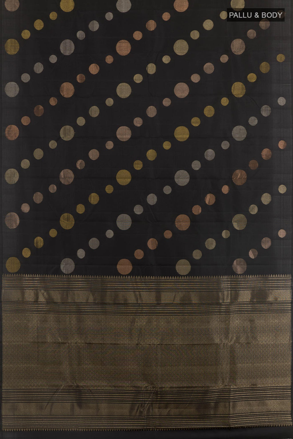 Flat view of Black Kanjivaram Silk Saree with Zari Brocade on the body and Zari Border. 