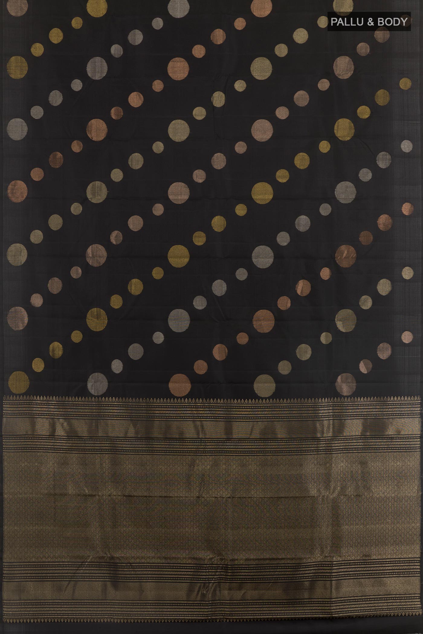 Flat view of Black Kanjivaram Silk Saree with Zari Brocade on the body and Zari Border. 
