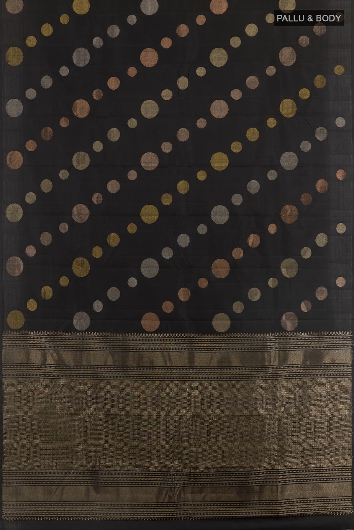 Flat view of Black Kanjivaram Silk Saree with Zari Brocade on the body and Zari Border. 