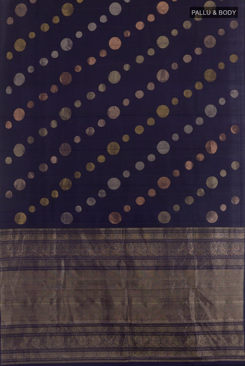 Flat view of Dark Blue Kanjivaram Silk Saree with Zari Butta on the body and Zari Border. 