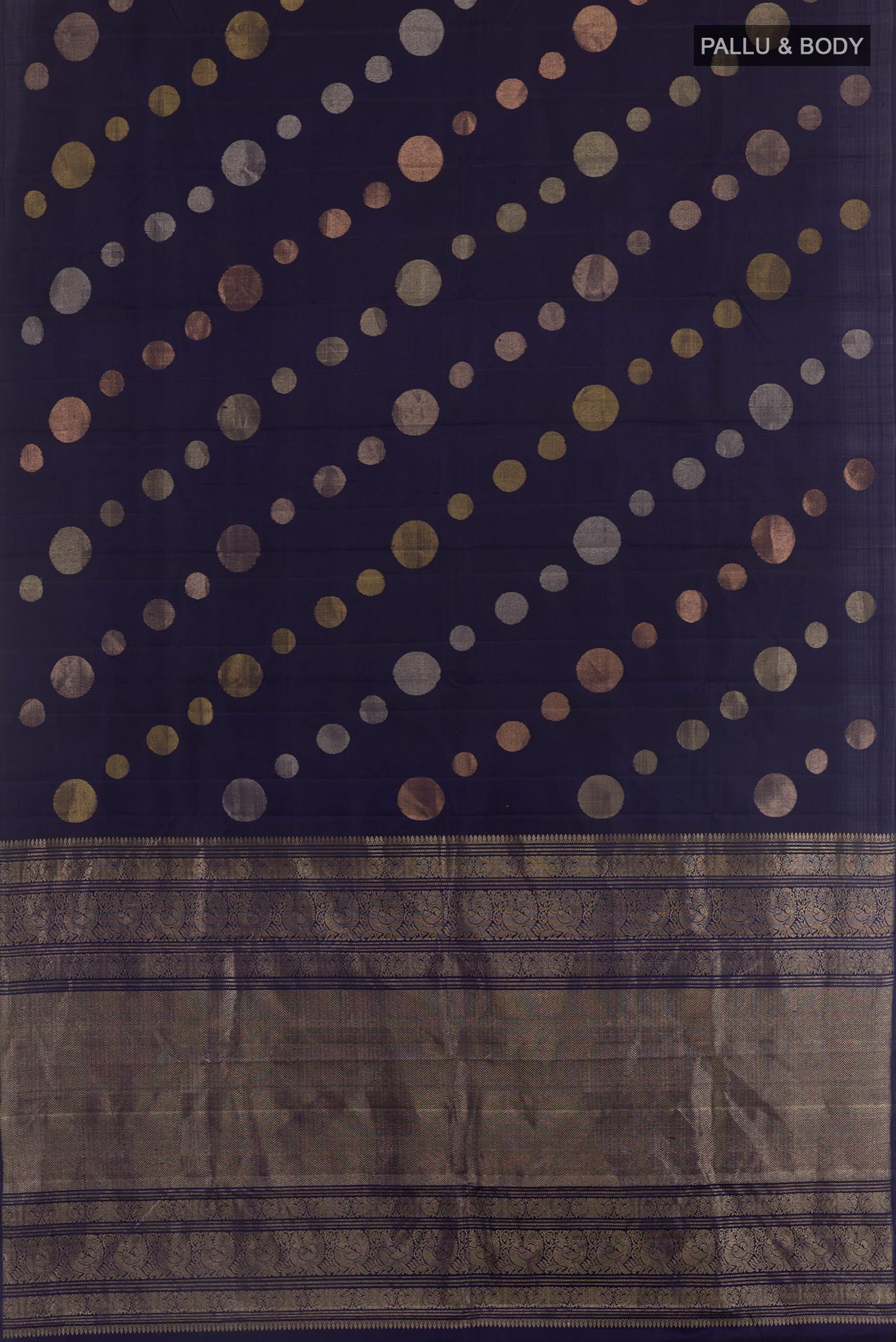 Flat view of Dark Blue Kanjivaram Silk Saree with Zari Butta on the body and Zari Border. 