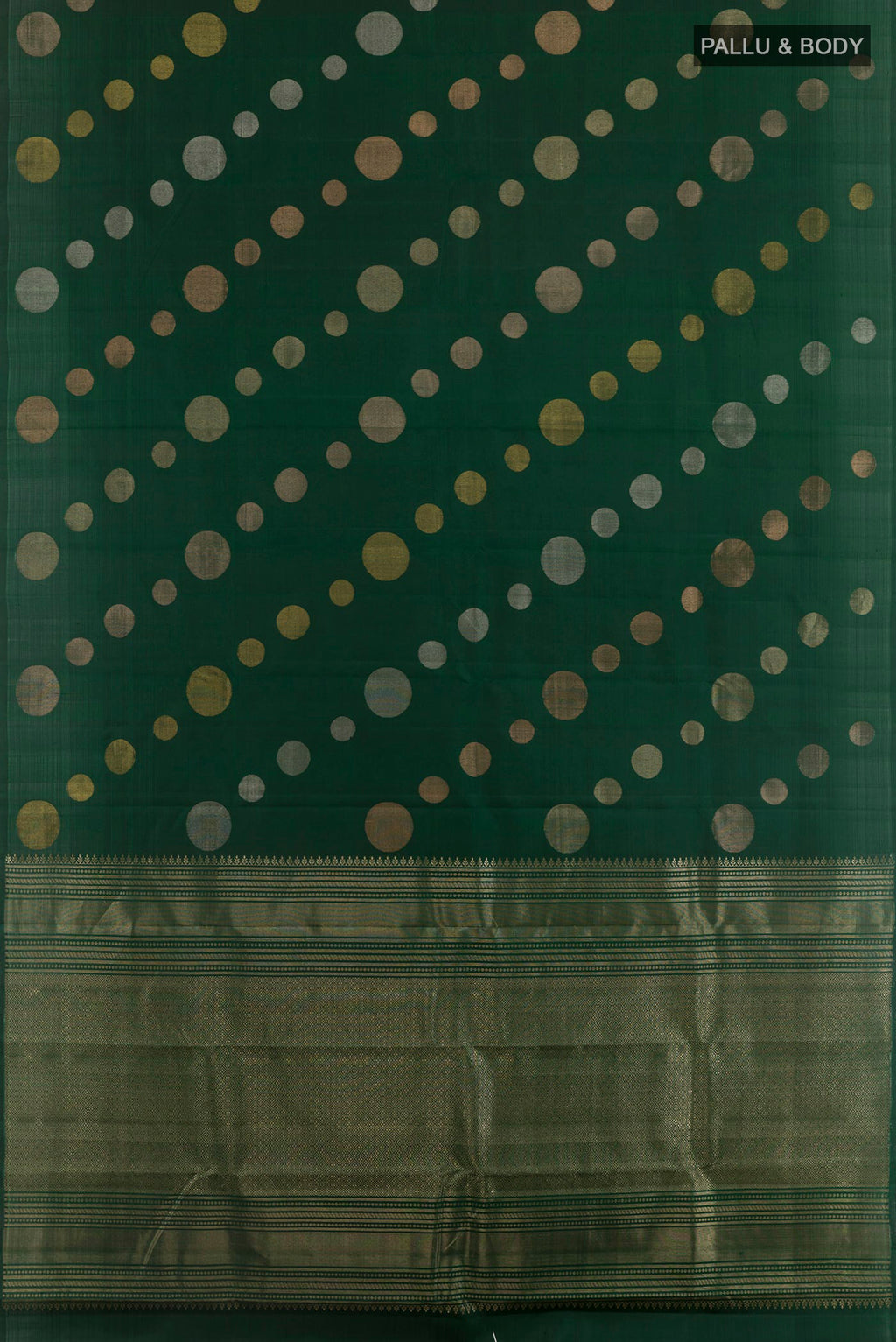 Flat view of Bottle Green Kanjivaram Silk Saree with Zari Butta on the body and Zari Border. 