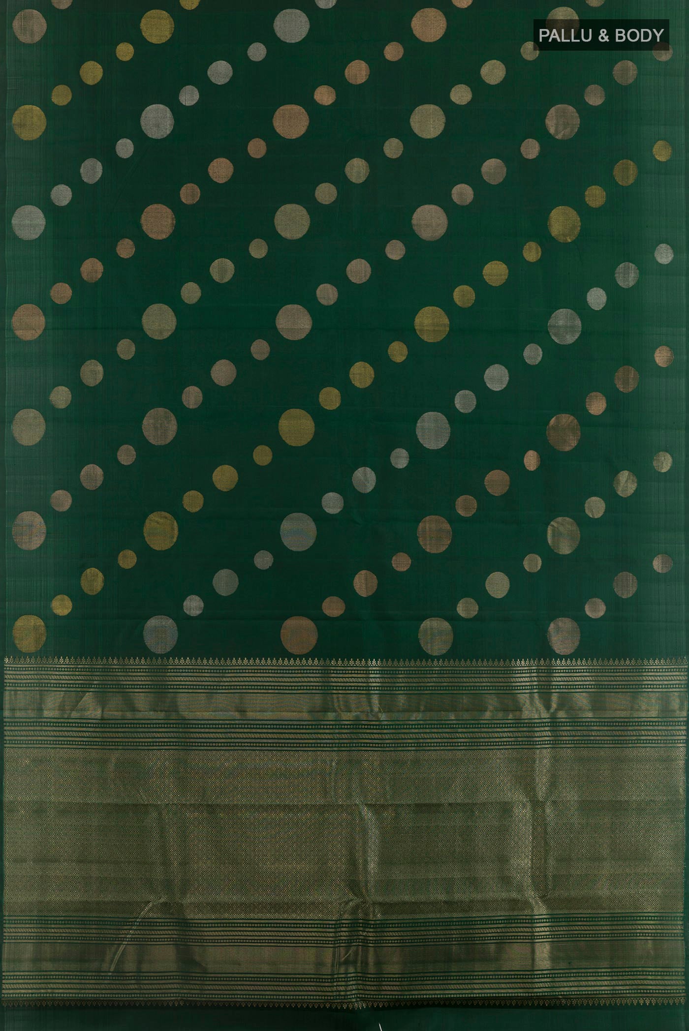 Flat view of Bottle Green Kanjivaram Silk Saree with Zari Butta on the body and Zari Border. 