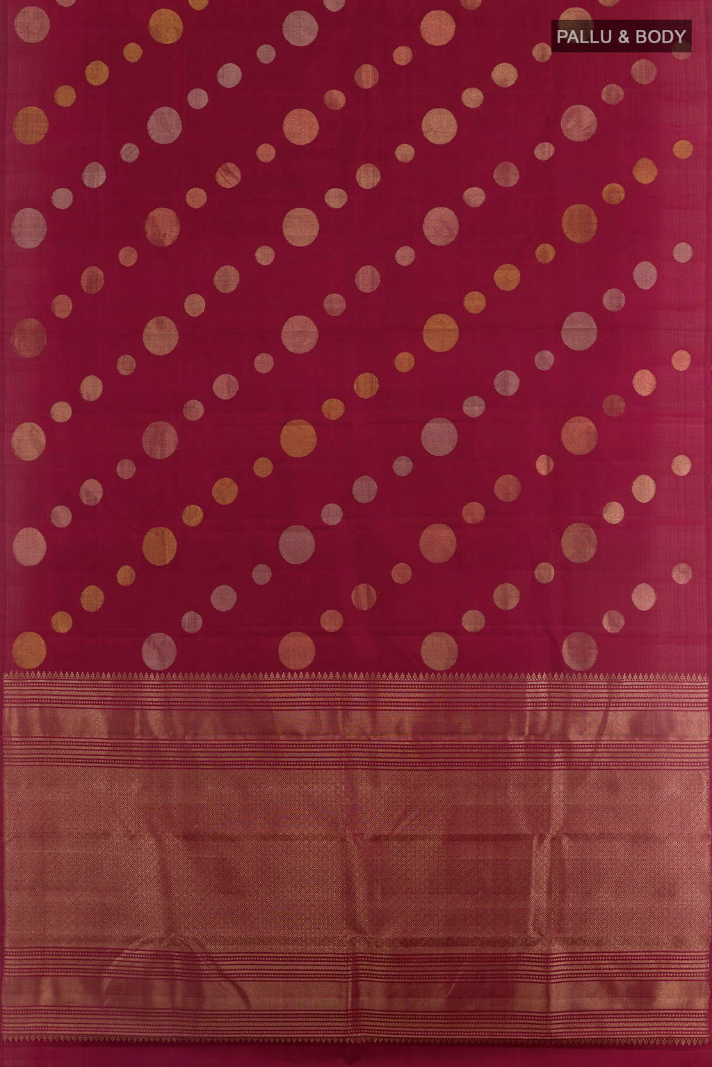 Flat view of Maroon Kanjivaram Silk Saree with Zari Butta on the body and Zari Border. 