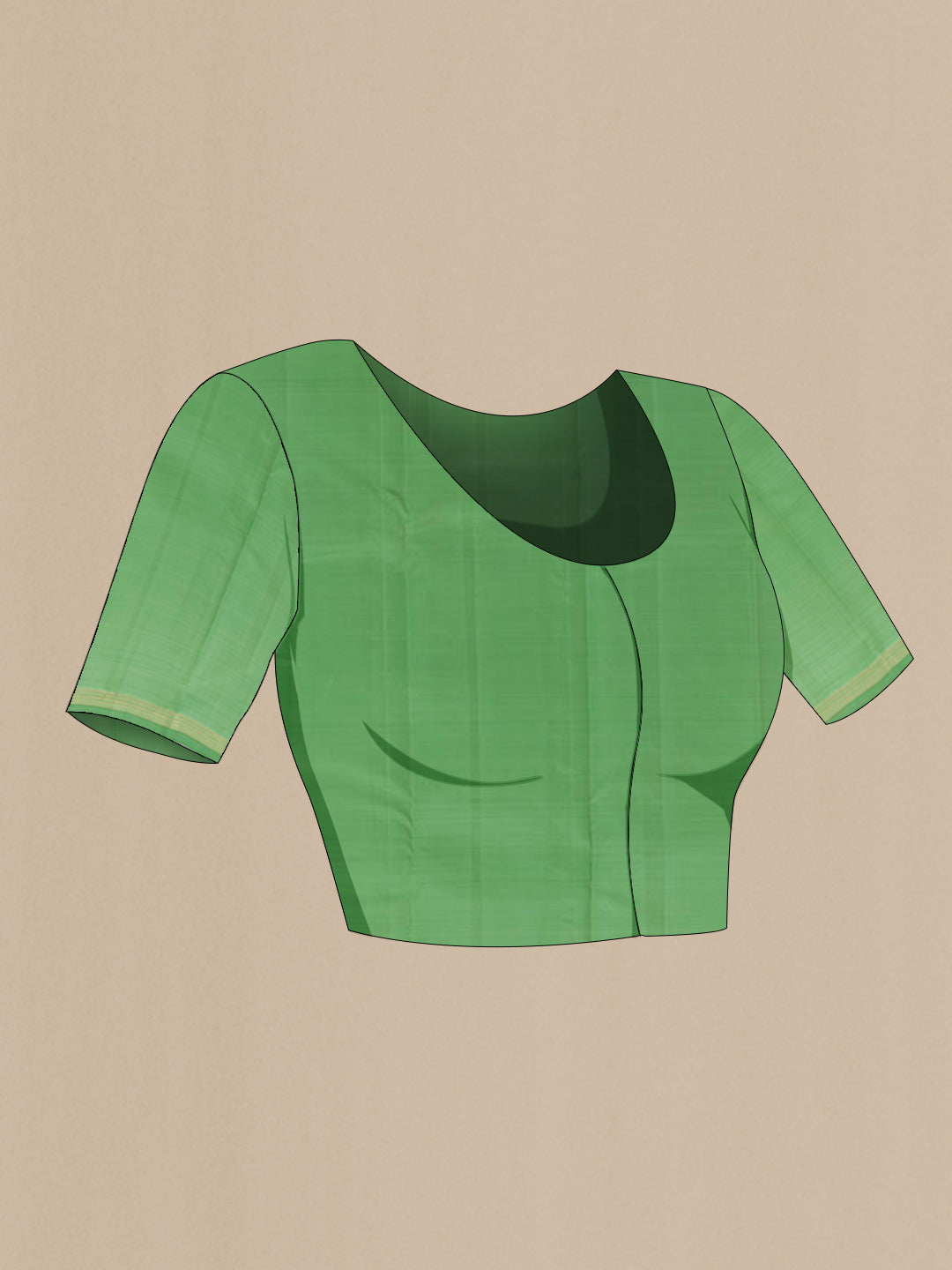 Close up image of the blouse of Light Green Kanchipuram Silk Saree with Zari Butta on the body and Zari Border. 