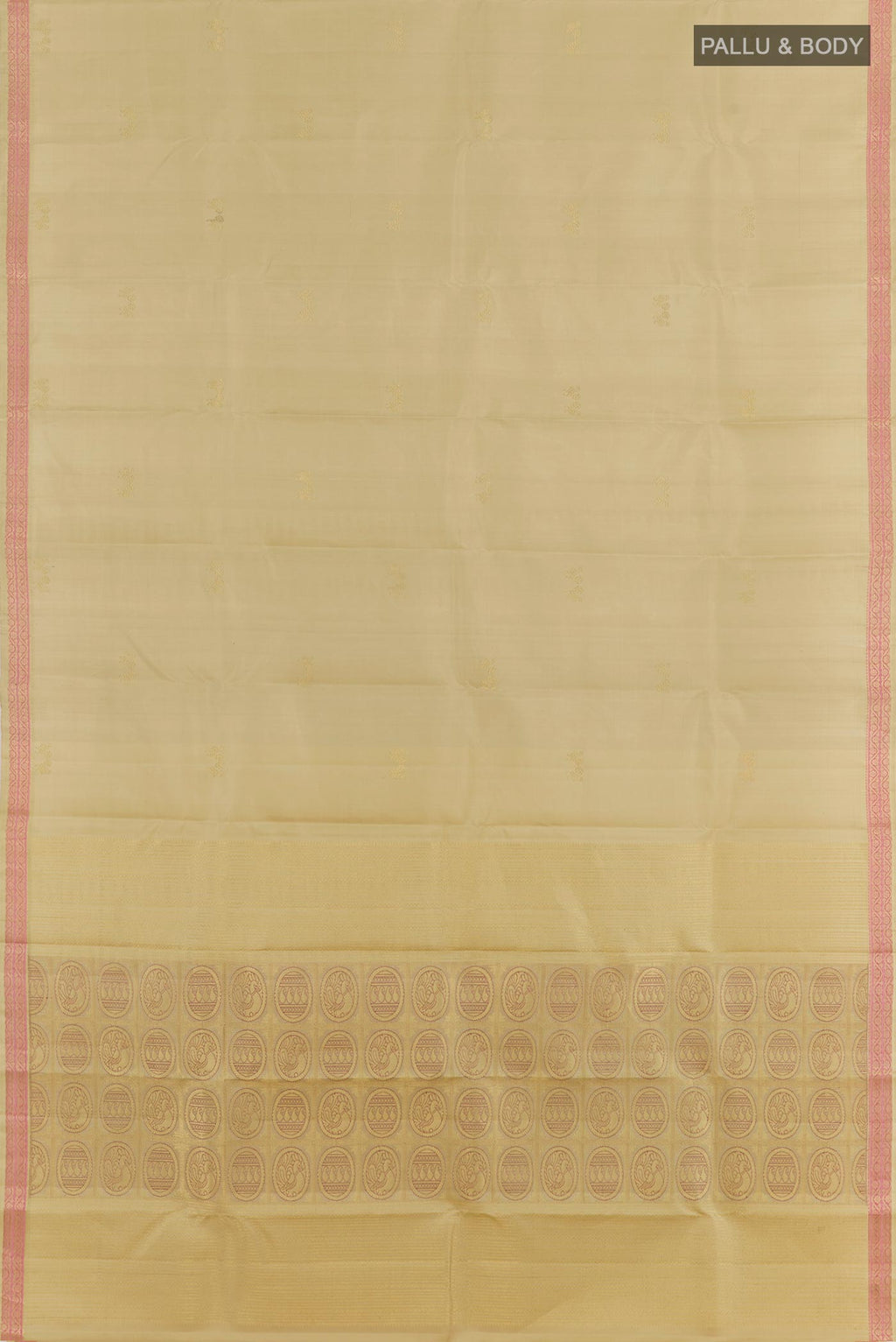 Flat view of Beige Kanchipuram Silk Saree with Zari Butta on the body and Zari Border. 