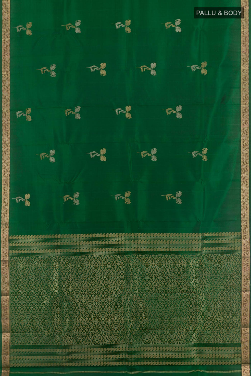 Flat view of Green Kanchipuram Silk Saree with Zari Butta on the body and Zari Border. 