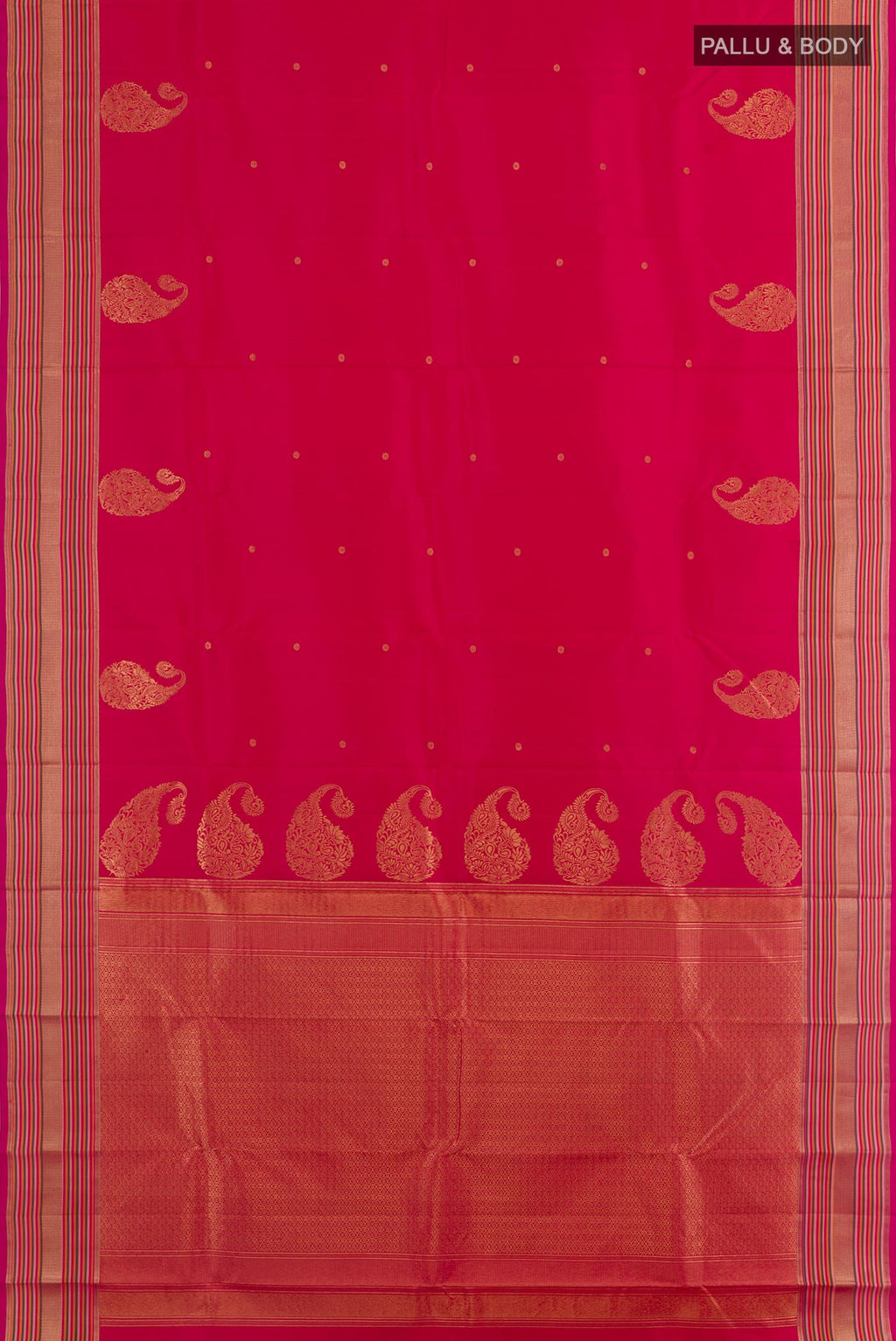 Flat view of Pink Kanchipuram Silk Saree with Zari Butta on the body and Zari Border. 