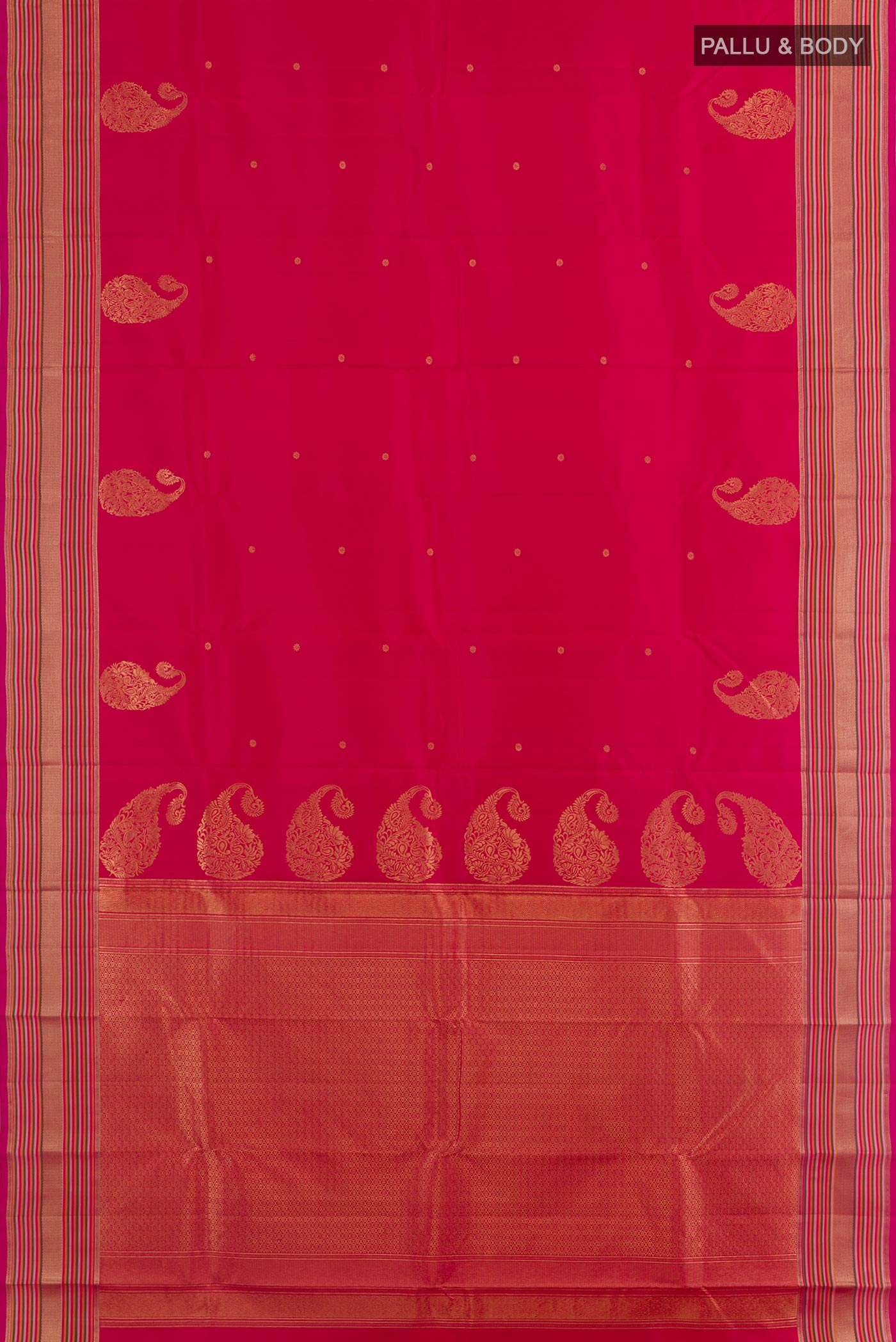 Flat view of Pink Kanchipuram Silk Saree with Zari Butta on the body and Zari Border. 